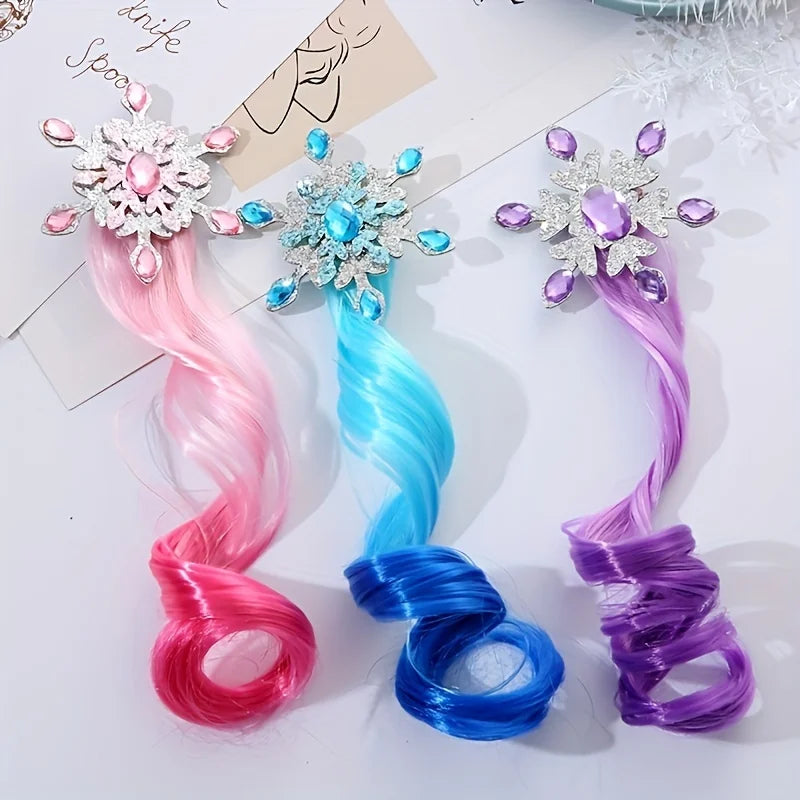 Children's Colorful Wig Hair Clips - Snow Queen - themed Gradient Long Curly Hair Girls' Braided Colorful Rope Headpiece