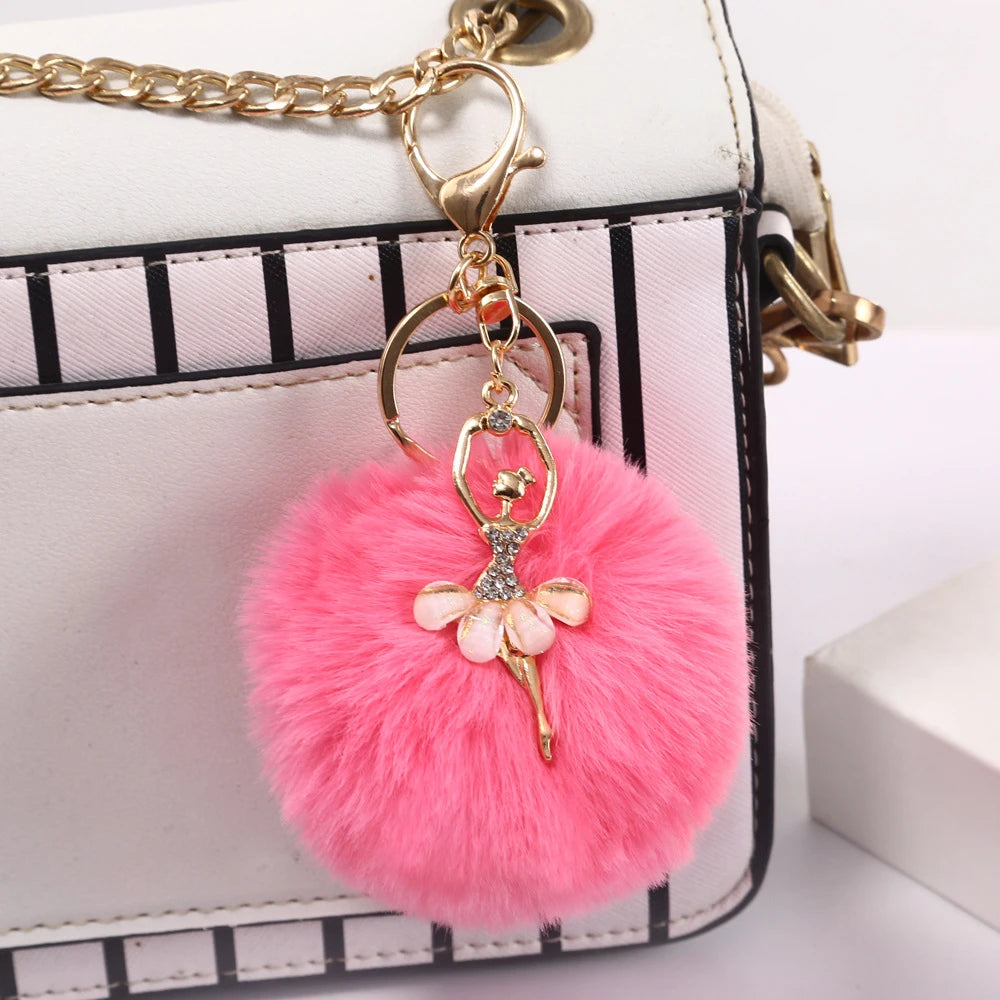 Rhinestone Ballet Dancer Plush Ball Keychain for Women and Girls