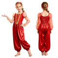 Girls Arabian Princess Costume Belly Dance Jumpsuit Shiny Sequin Tulle Overlay Satin Bodysuit for Halloween Theme Party Carnival