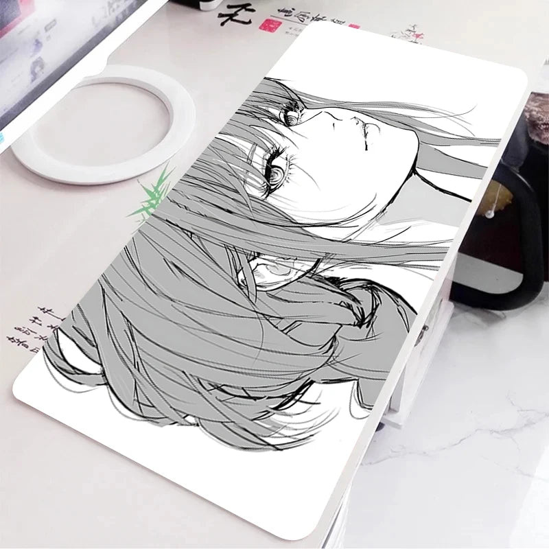 Black and White Anime Girl Table Mat Large Mouse Pad Office Keyboard Edge Locking Desk Mat Gaming Accessories Non-slip Mousepad