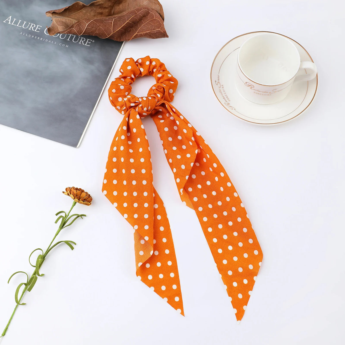 Floral Satin Bow Scrunchie with Long Ribbon Scarf