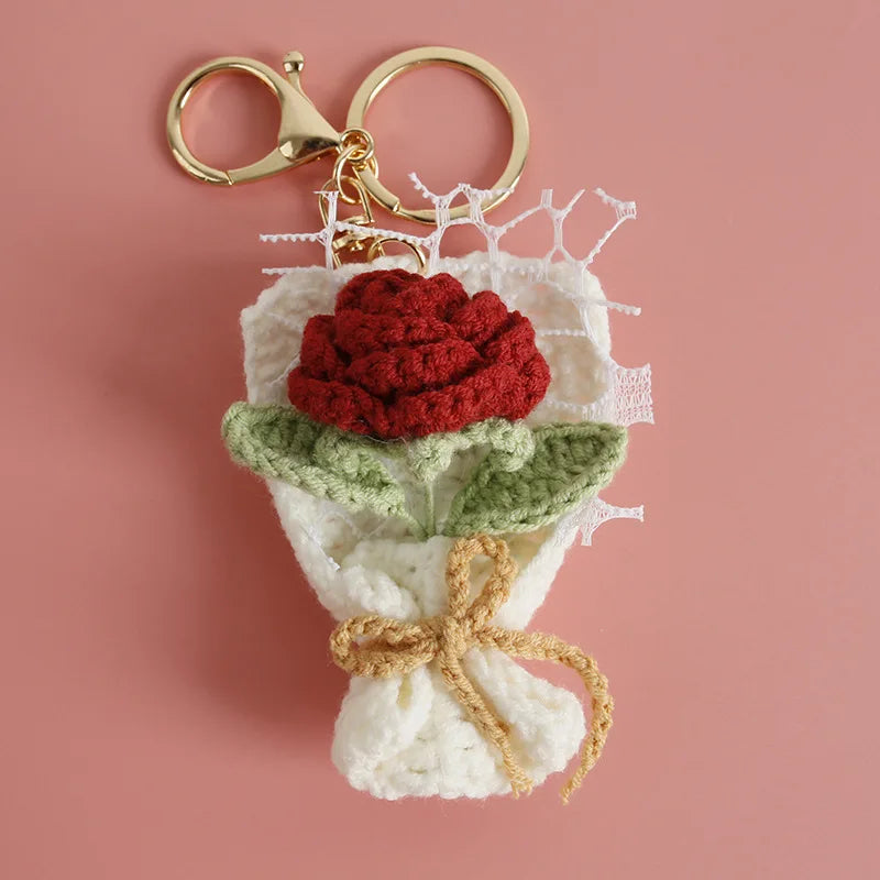 Crochet Flower Bouquet Keychain Handmade Floral Bag Charm