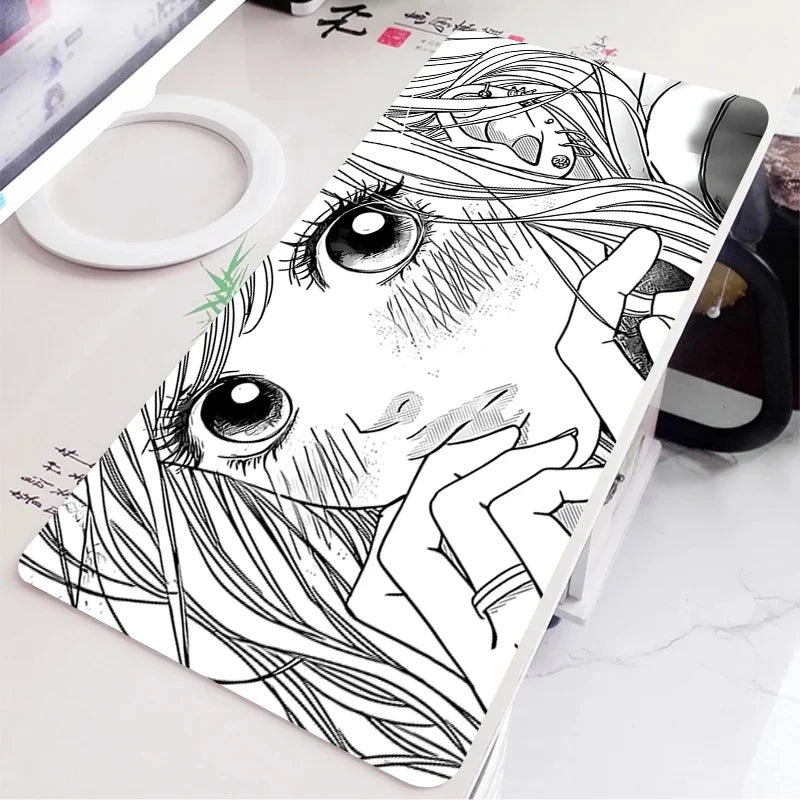 Black and White Anime Girl Table Mat Large Mouse Pad Office Keyboard Edge Locking Desk Mat Gaming Accessories Non-slip Mousepad