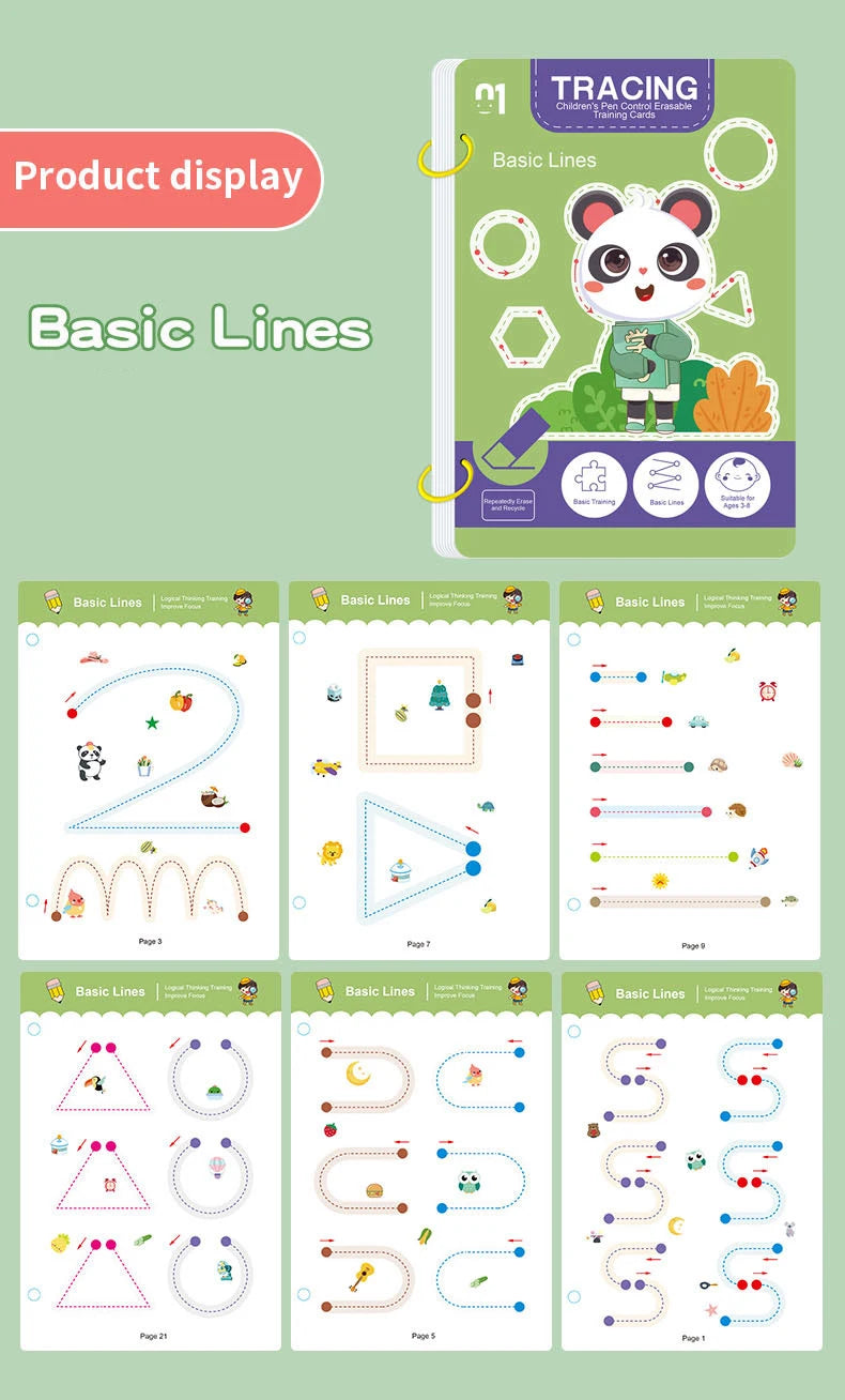 34-Page Reusable Children's Practice Book Set with Erasable Pen - Early Learning of Writing and Drawing Skills, Educational Books for Pen Control Training, Innovative Learning - Perfect Choice for Christmas and Birthday Gifts