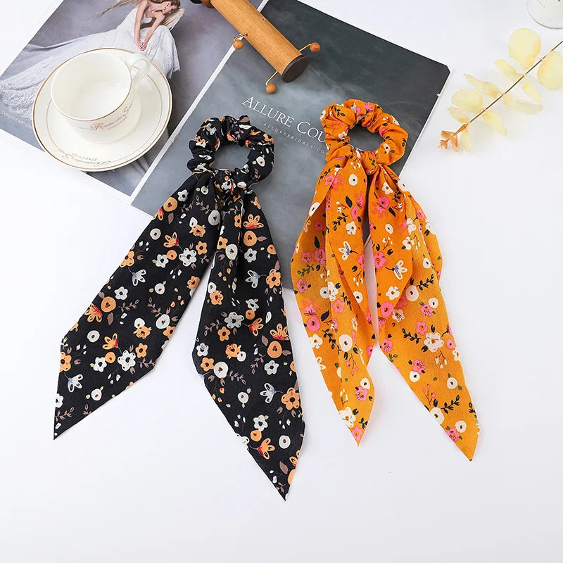 Floral Satin Bow Scrunchie with Long Ribbon Scarf