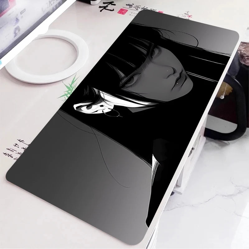Black and White Anime Girl Table Mat Large Mouse Pad Office Keyboard Edge Locking Desk Mat Gaming Accessories Non-slip Mousepad
