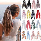 Floral Satin Bow Scrunchie with Long Ribbon Scarf