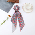 Floral Satin Bow Scrunchie with Long Ribbon Scarf
