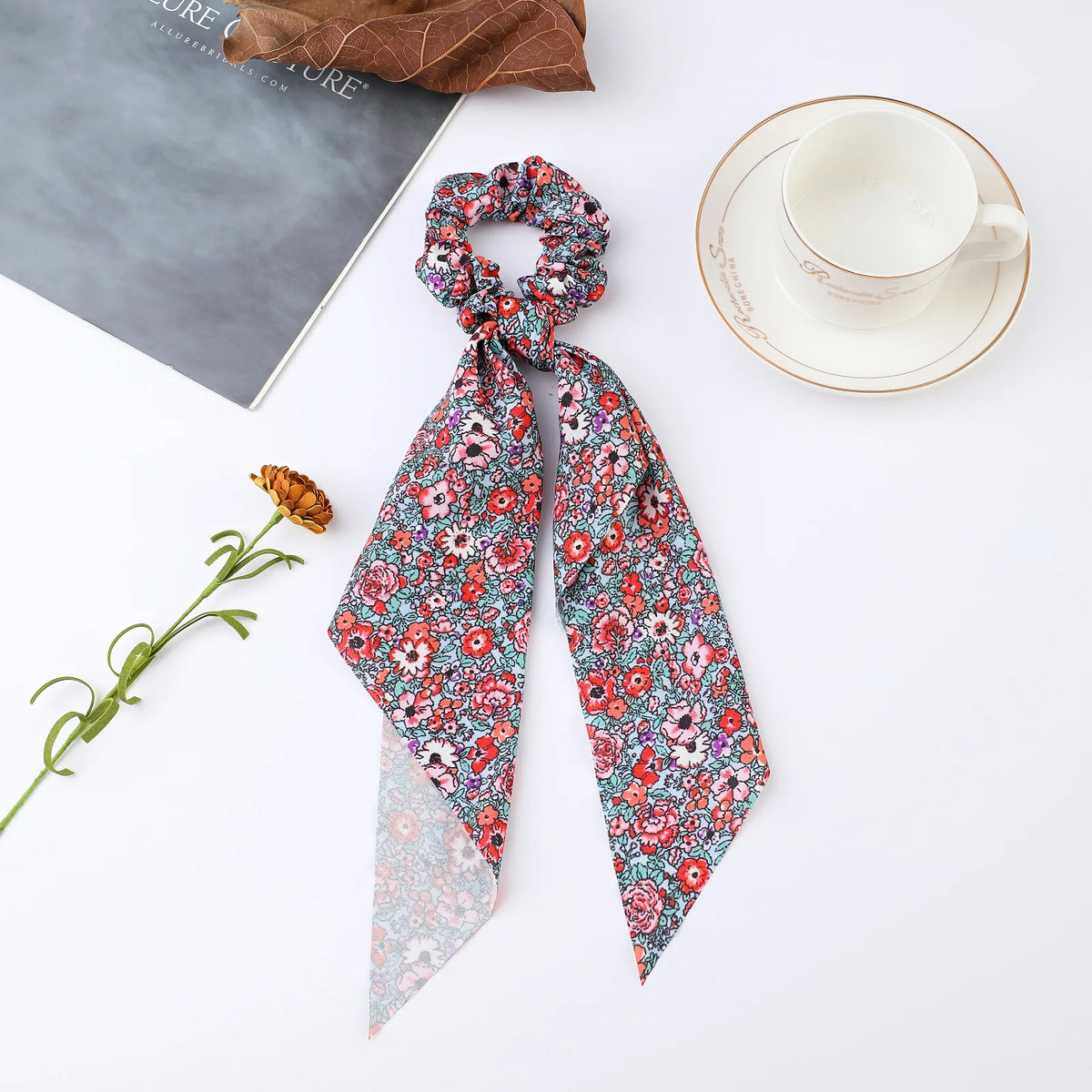 Floral Satin Bow Scrunchie with Long Ribbon Scarf