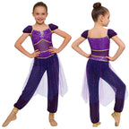 Girls Arabian Princess Costume Belly Dance Jumpsuit Shiny Sequin Tulle Overlay Satin Bodysuit for Halloween Theme Party Carnival