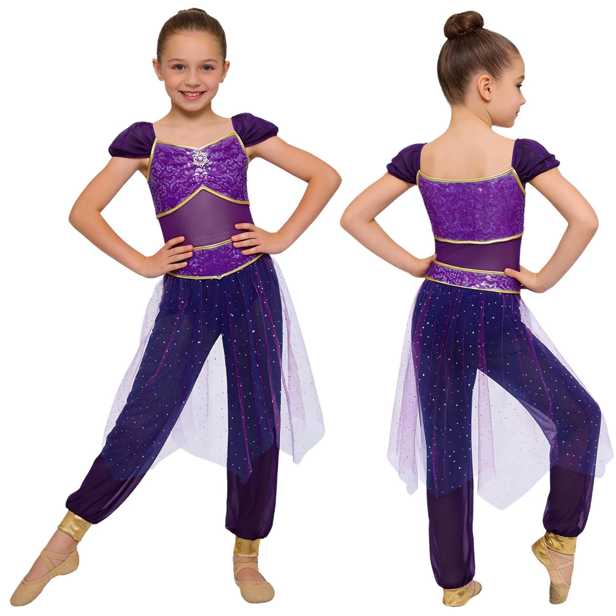 Girls Arabian Princess Costume Belly Dance Jumpsuit Shiny Sequin Tulle Overlay Satin Bodysuit for Halloween Theme Party Carnival