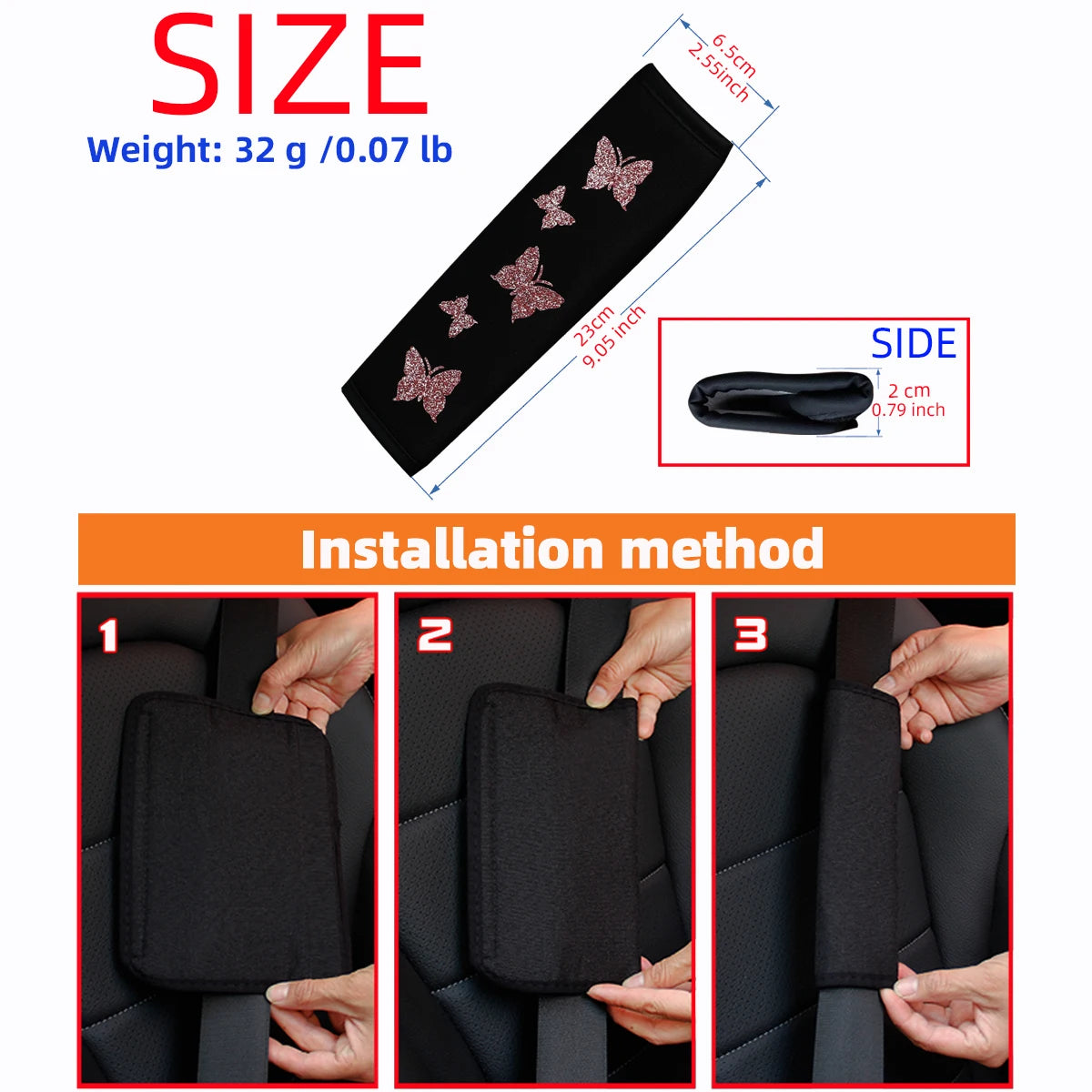 1 Glitter Pink Butterfly Blingling Fabric Automotive Supplies Seat Belt Shoulder Cover Comfortable Anti-tightening Safety Belt