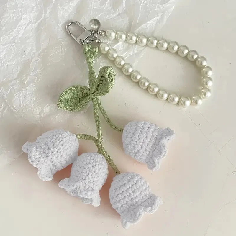 Elegant Floral Crochet Pearl Keychain Bluebell Bag Charm