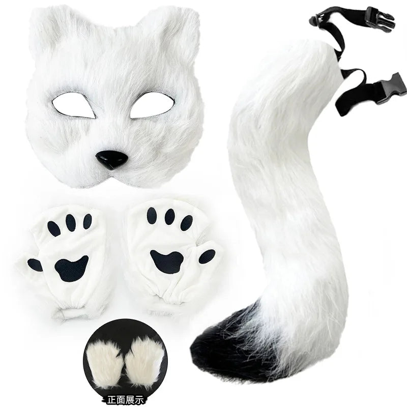 Faux Fur Fox Tail Cat Wolf Cosplay Costume Set with Plush Mask Fluffy Paw Gloves for Halloween And Christmas Party Accessories