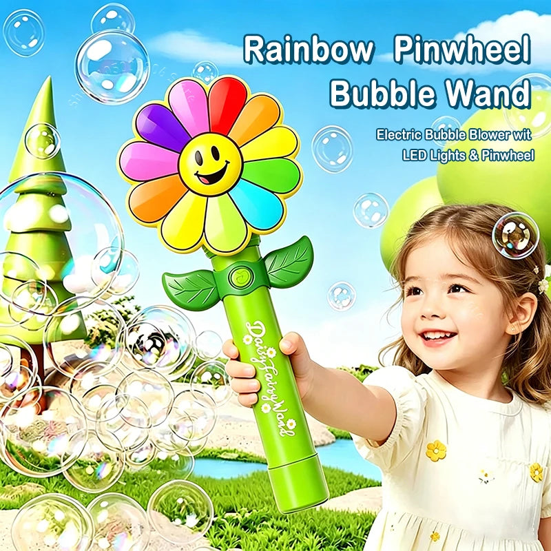 Smile Daisy Pinwheel Bubble Wand Automatic Blower LED Light-Up Kids Outdoor Party Toy for Boys Girls Birthday Gift