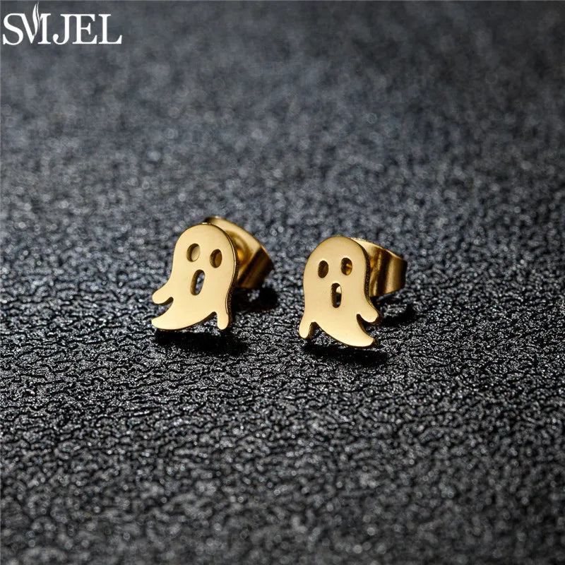 Punk Halloween Earring Black Stainless Steel Ghost Pirate Skull Stud Earrings Women Men Goth Pumpkin Spider Bat Ear Jewelry Gift