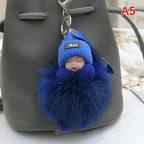 Sleeping Baby Pompom Plush Keychain Cute Fluffy Bag Charm