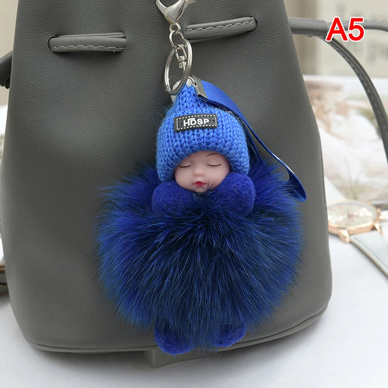 Sleeping Baby Pompom Plush Keychain Cute Fluffy Bag Charm