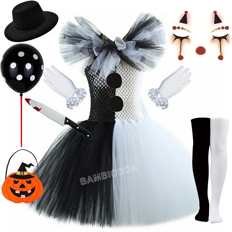 Girls Horror Clown Costume – Black & White Tutu Dress