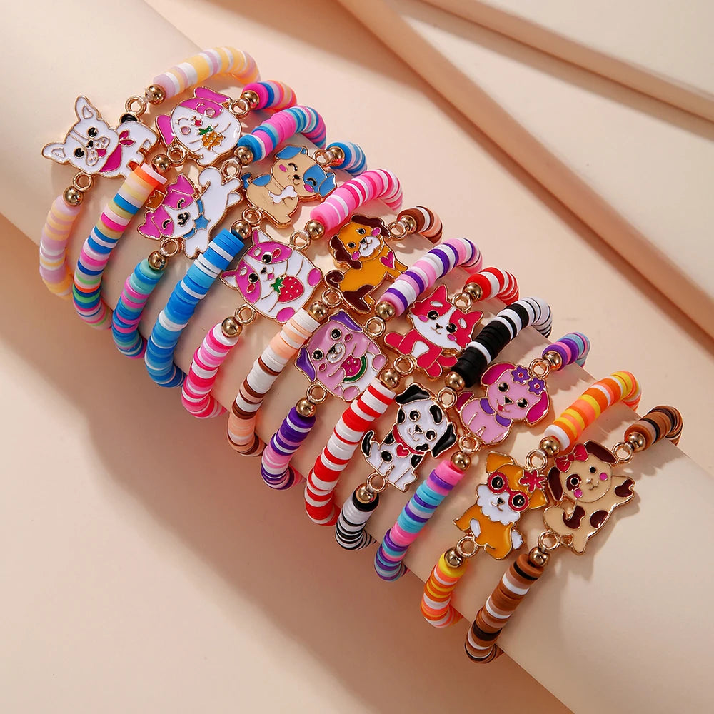 12Pcs/set Unicorn Cat Flower Charm Elastic Handmade Beaded Bracelets for Women Girls Birthday Party Jewelry Friendship Gift