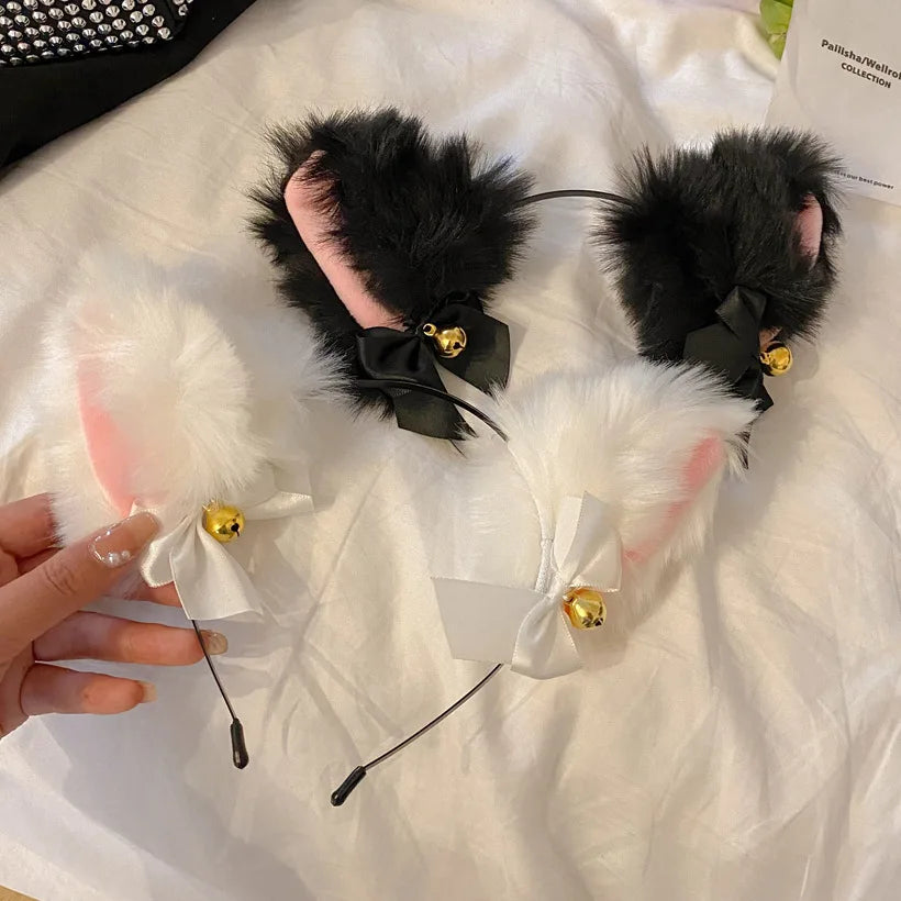 Plush Lace Cat Ears Bell Headband for Women