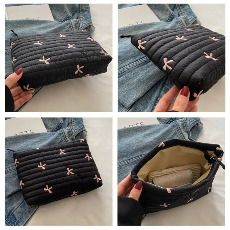 Cute Embroidered Bow Large Capacity Makeup Bag