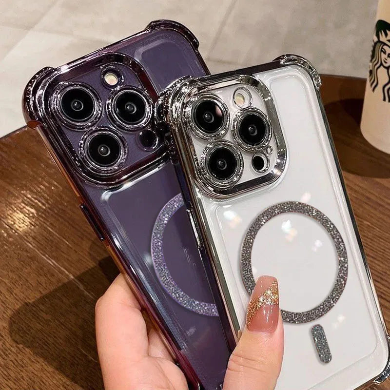 Transparent Plating Shockproof Glitter Magnetic Phone Case For iPhone 18 17 15 16 14 11 12 13 Pro Max Plus Air For Magsafe Cover