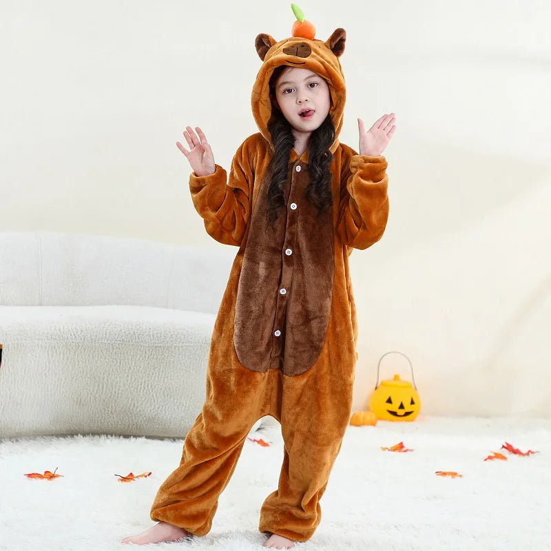 MICHLEY Carnaval Capybara Flannel Blanket Sleepers Onesie Hooded Children Costume Clothes Jumpsuit Sleepwear For Boys Girls
