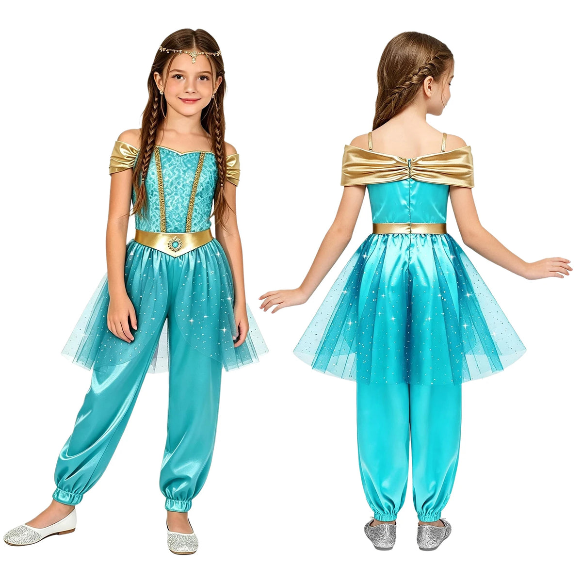 Girls Arabian Princess Costume Belly Dance Jumpsuit Shiny Sequin Tulle Overlay Satin Bodysuit for Halloween Theme Party Carnival