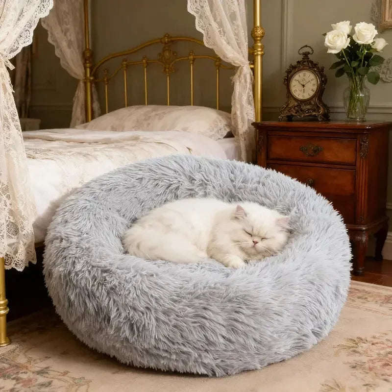 1pc Round Plush Dog Bed & Cat Nest,Non-Slip Base, Warm Soft Faux Fur Pet Bed,Perfect Christmas Gift, Cozy Home Decor