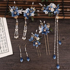 Chinese Hanfu Hair Stick Hairpin Earrings Hair Accessories Set Long Fringed Vintage Hairpin Flower Handmade Wedding Hair Jewelry