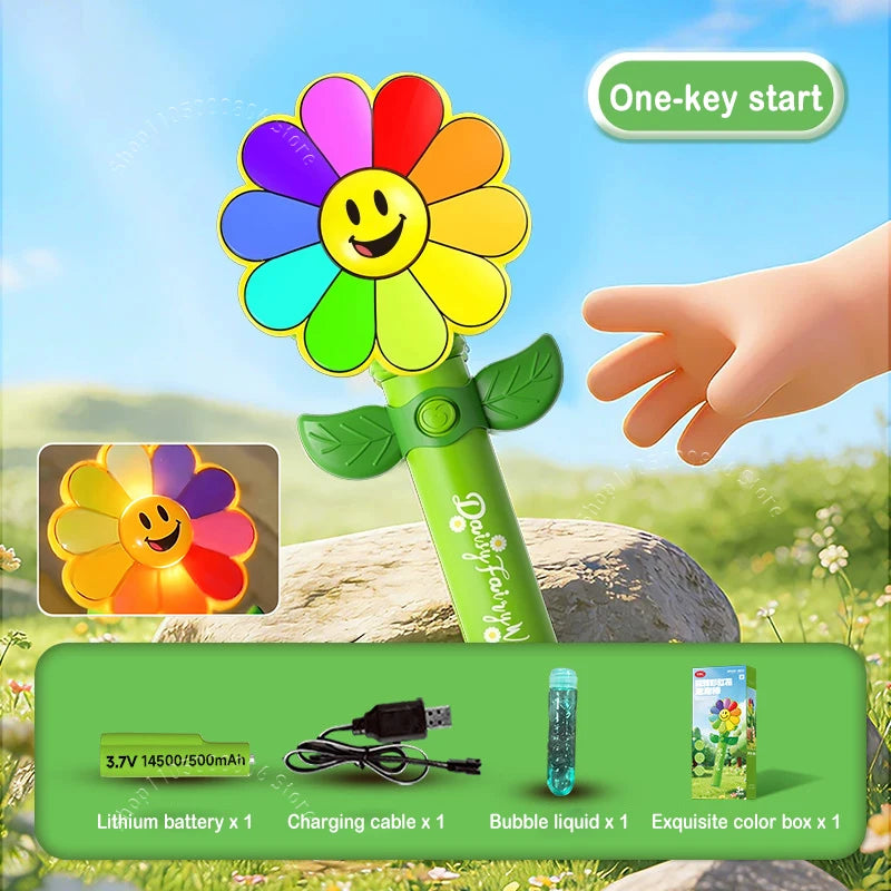 Smile Daisy Pinwheel Bubble Wand Automatic Blower LED Light-Up Kids Outdoor Party Toy for Boys Girls Birthday Gift