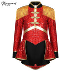 Girls Shiny Sequins Circus Ringmaster Magician Drummer Costume Lion Tamer Long Sleeve Fringe Epaulet Bodysuit for Halloween