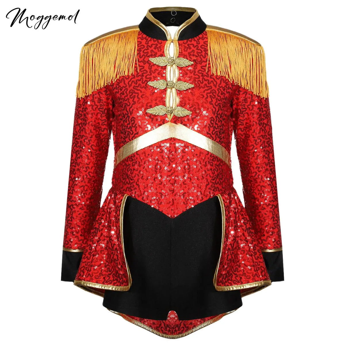 Girls Shiny Sequins Circus Ringmaster Magician Drummer Costume Lion Tamer Long Sleeve Fringe Epaulet Bodysuit for Halloween