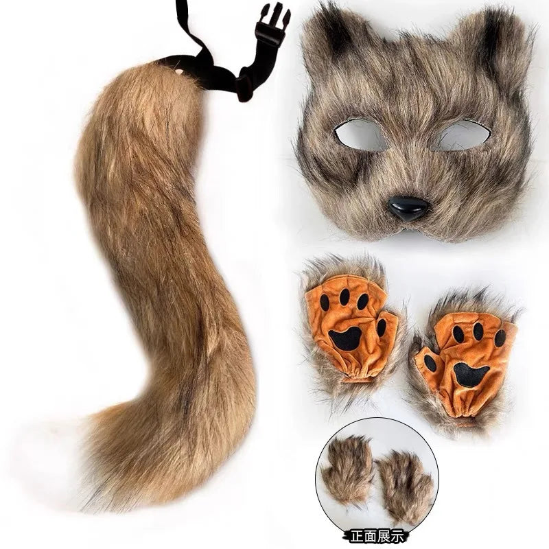 Faux Fur Fox Tail Cat Wolf Cosplay Costume Set with Plush Mask Fluffy Paw Gloves for Halloween And Christmas Party Accessories