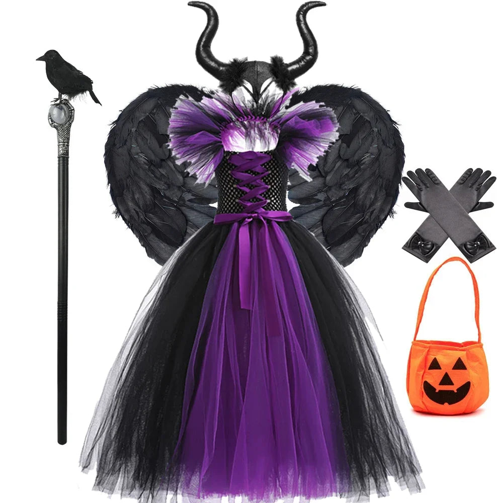 Children Cosplay Apparel for Halloween 2025 Maleficent Costume Tutu Dress Girl Evil Queen Disguise Witch Gown Villain Costume