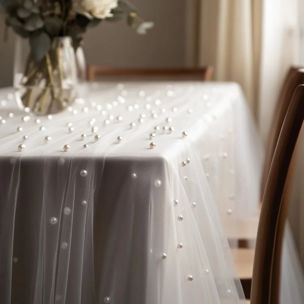 Pearl Chiffon Table Runner 80x300cm Semi Transparent Gauze Mesh Table Cloth for Wedding Bridal Shower Party Dining Decoration