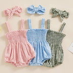 Newborn Baby Girl Romper Summer Sleeveless Smocked Cotton Linen Clothes Outfit with Headband