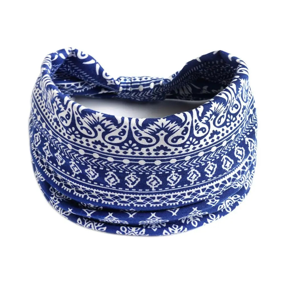 Boho Print Wide Knot Elastic Headband for Women