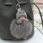 Sleeping Baby Pompom Plush Keychain Cute Fluffy Bag Charm