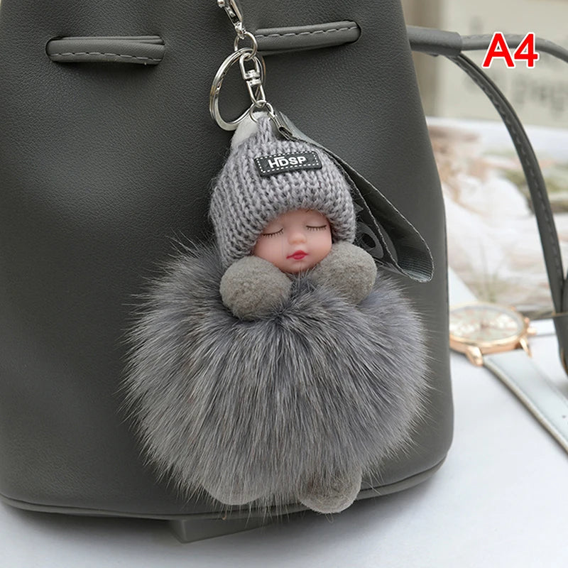 Sleeping Baby Pompom Plush Keychain Cute Fluffy Bag Charm