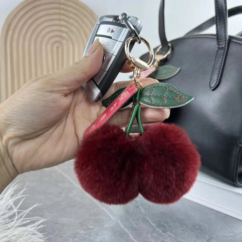 Cute Fluffy Cherry Fur Ball Keychain Bag Pendant Charm