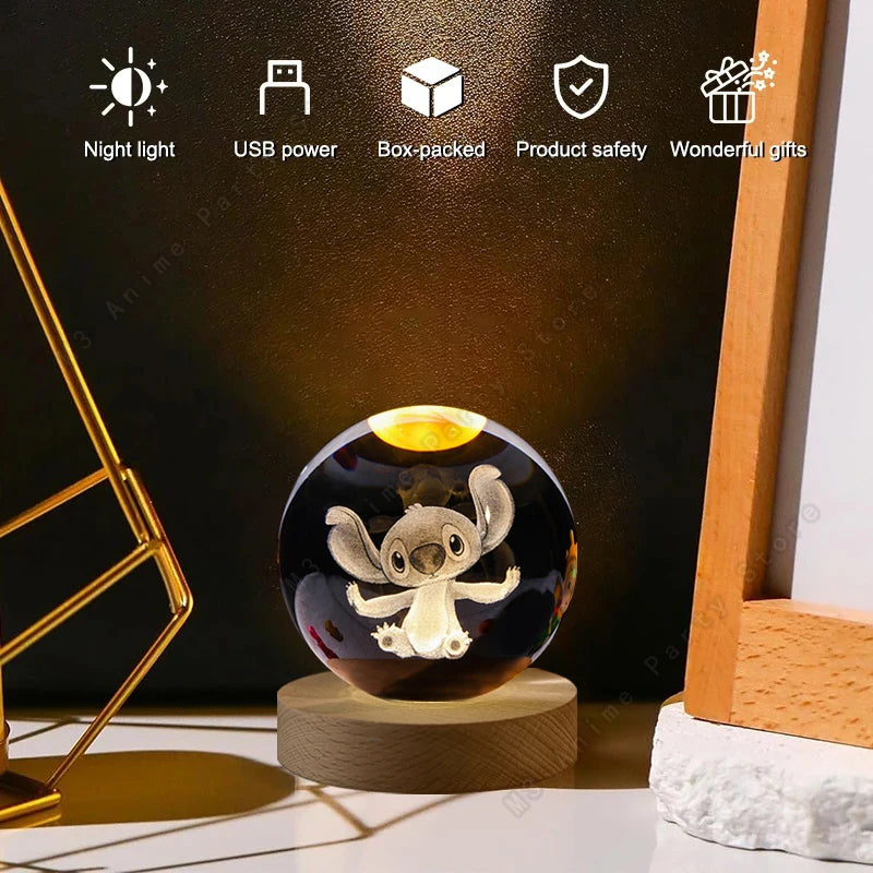 5cm Lilo and Stitch Disney Unique 3D Crystal Ball Lamp LED Luminous Crystal Ball Night Light Glass Birthday Gifts Toy