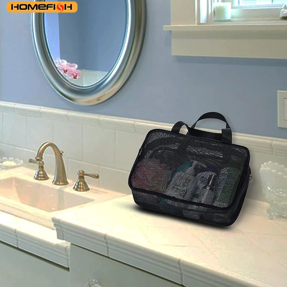 Portable Mesh Shower Storage Bag Large Capacity Travel Toiletry Organizer