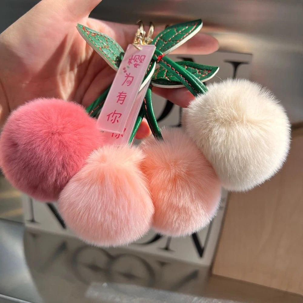 Cute Fluffy Cherry Fur Ball Keychain Bag Pendant Charm