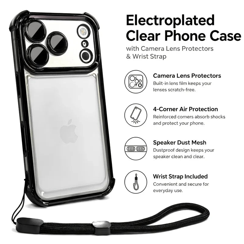 Luxury Transparent Shockproof Phone Case For iPhone 18 17 13 12 Pro Max 16 15 14 Plus Air with Wrist Strap Lens Protector Cover