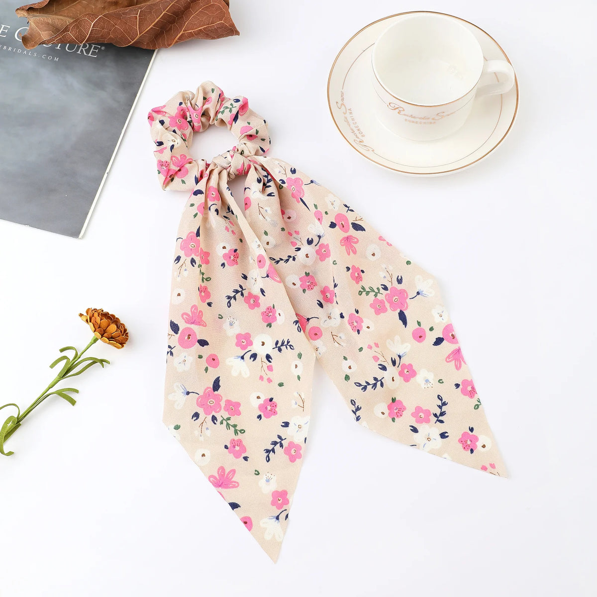 Floral Satin Bow Scrunchie with Long Ribbon Scarf