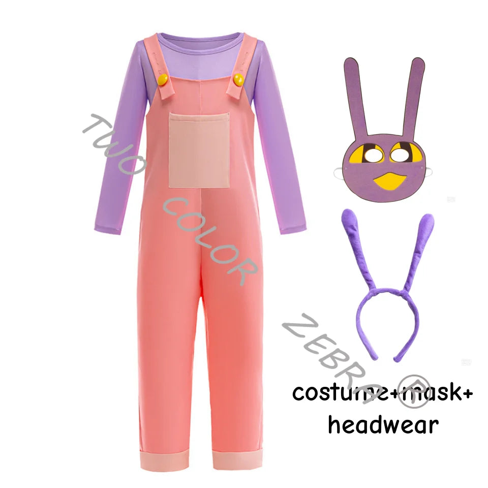 The Amazing Digital Circus Rabbit Jax Cosplay Costumes Masks Rabbit Ear Hairband Pink Overalls Purple Long Sleeve Shirt for Kids