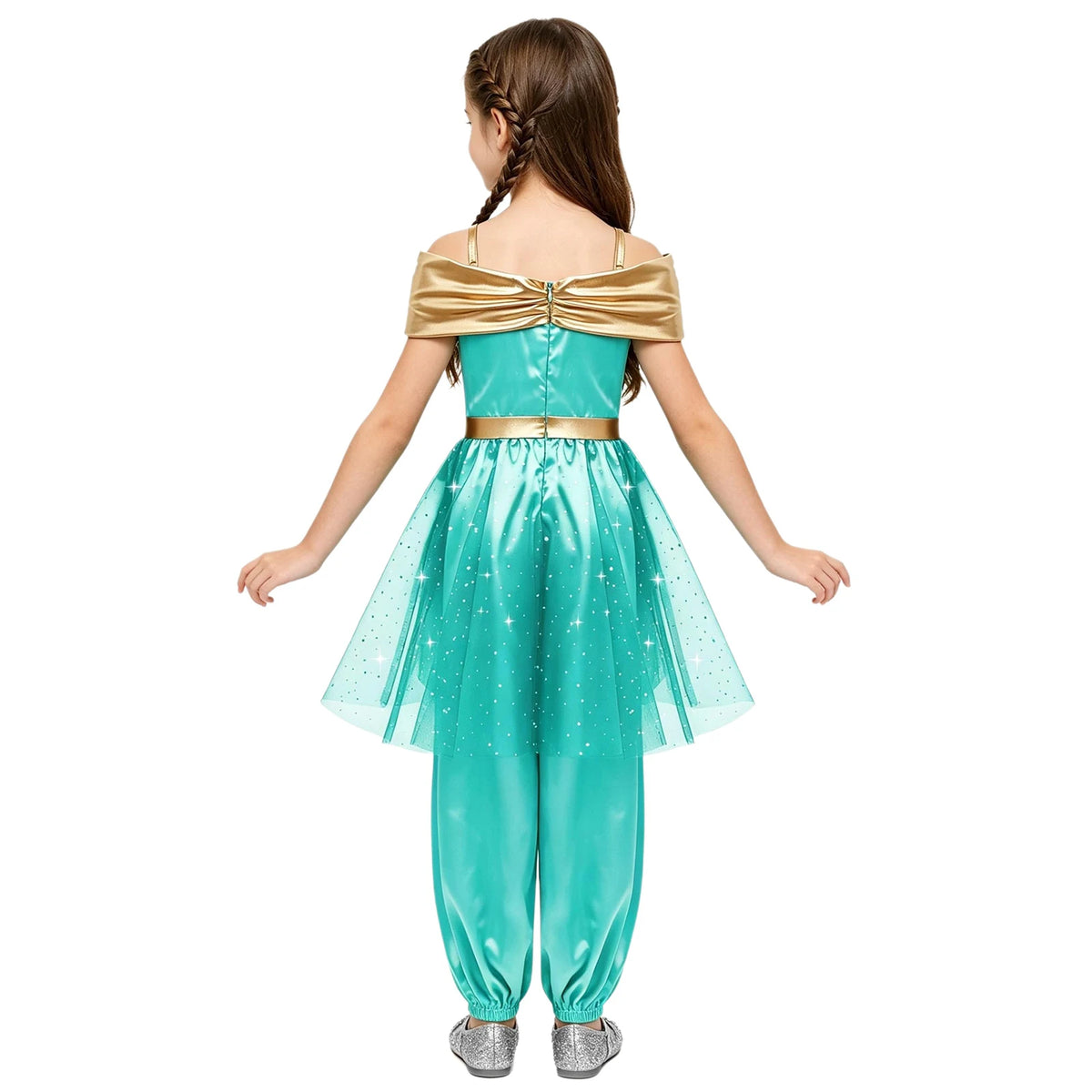 Girls Arabian Princess Costume Belly Dance Jumpsuit Shiny Sequin Tulle Overlay Satin Bodysuit for Halloween Theme Party Carnival