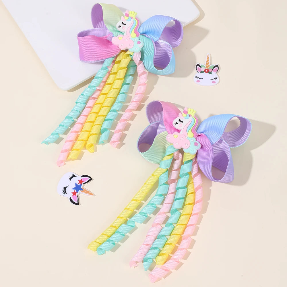 Sweet Unicorn Hair Clips For Girl Bow Barrette Cute Tassel Ribbon Curly Ponytail Hairpins Accessories